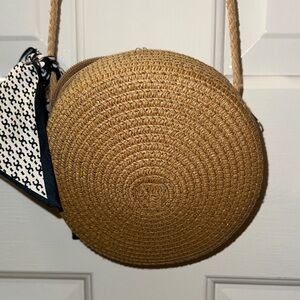 Round Tan Woven Shoulder Bag
